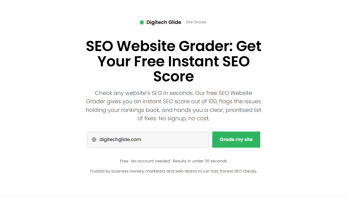 SEO Website Grader tool URL entry field on digitechglide.com